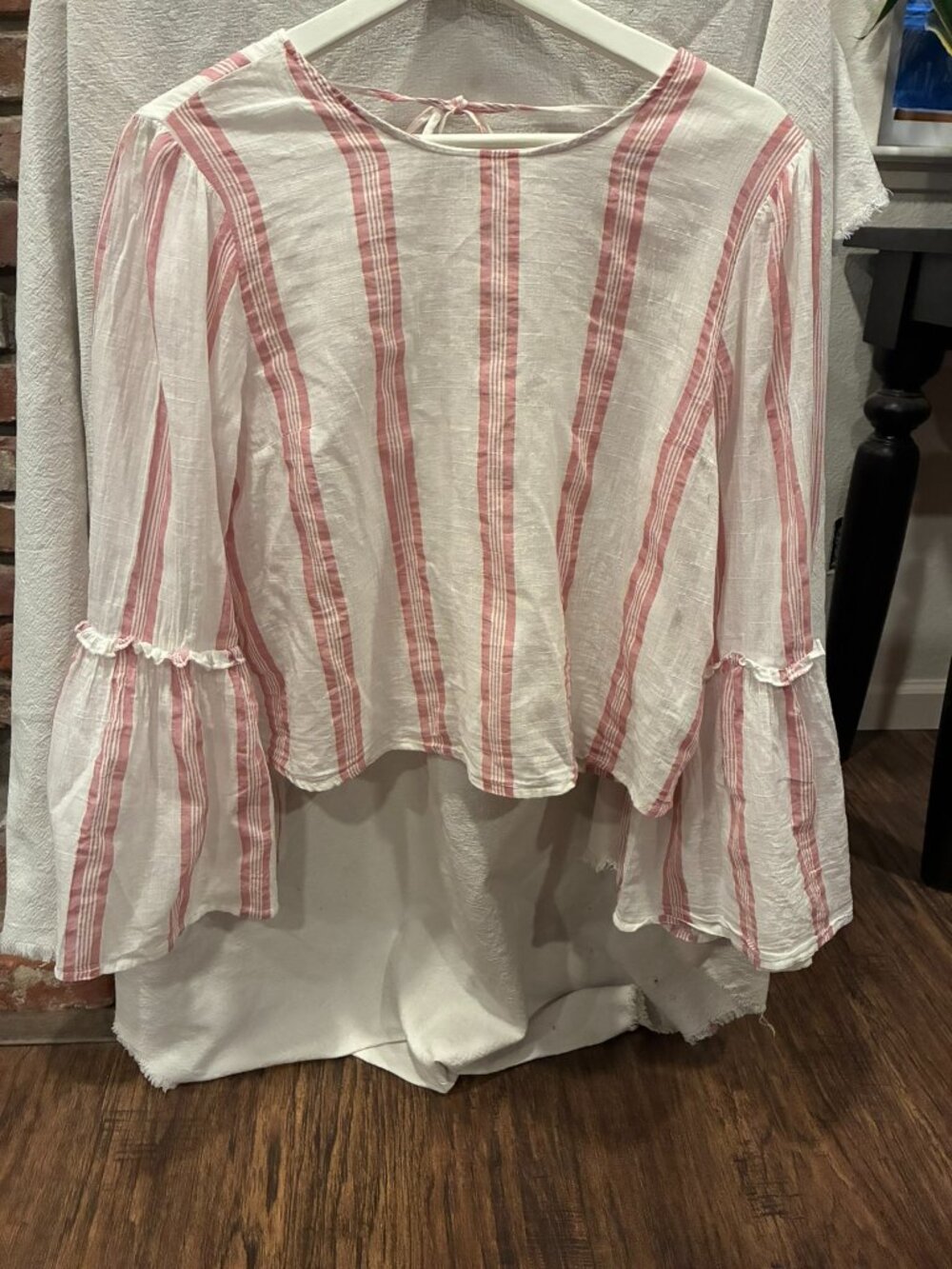 Charlotte Russe Pink White Stripe Bell Sleeve Crop Top Size M Boho Summer Blouse